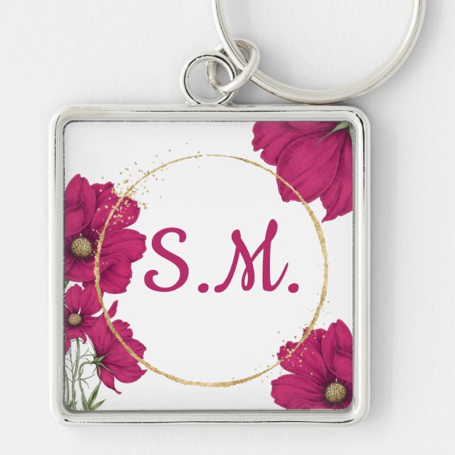 Pink Floral Gold Circle Keychain (Front)