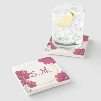 Pink Floral Gold Circle Stone Coaster