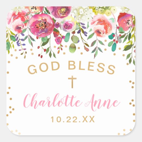 Pink floral gold confetti Baptism thank you favor Square Sticker