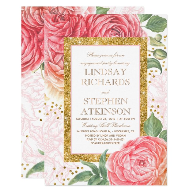 Pink Floral Gold Confetti Engagement Party Invitation