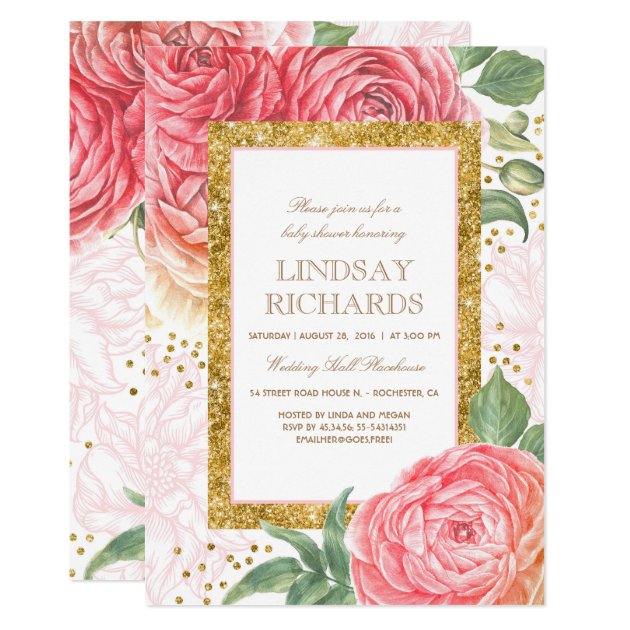 Pink Floral Gold Confetti Watercolor Baby Shower Invitation