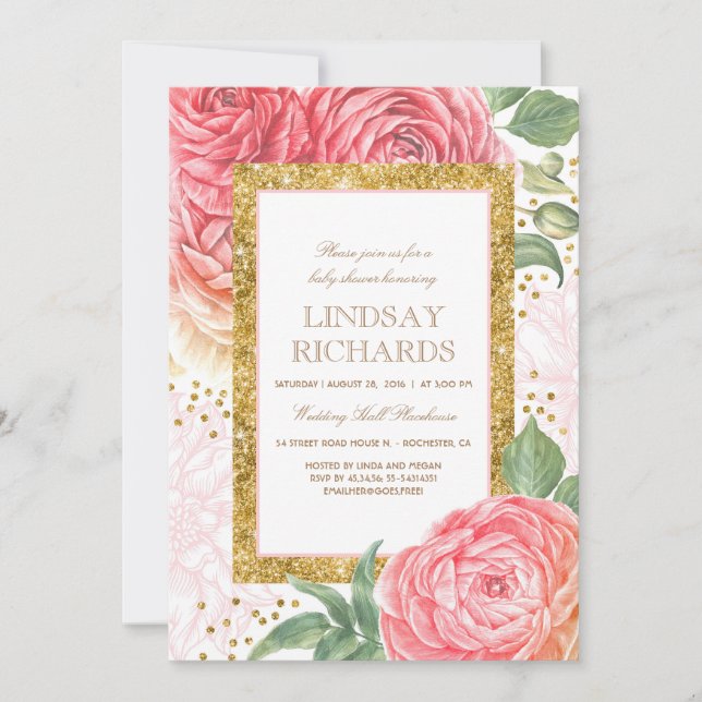 Pink Floral Gold Confetti Watercolor Baby Shower Invitation (Front)