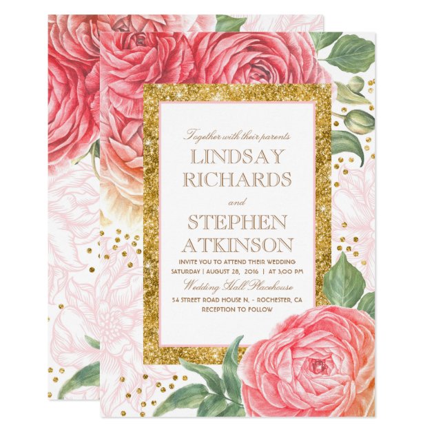 Pink Floral Gold Confetti Watercolor Wedding Invitation