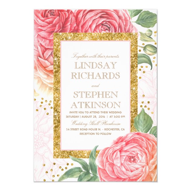 Pink Floral Gold Confetti Watercolor Wedding Invitation
