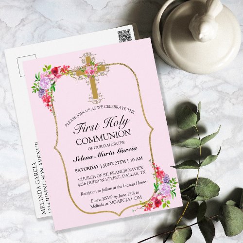 PINK FLORAL GOLD CROSS 1ST COMMUNION INVITATION POSTCARD