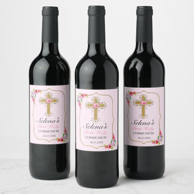 Pink Floral Gold Cross 1st Communion Wine Label (Bottles)