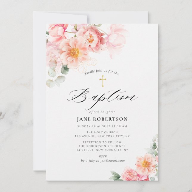 pink floral gold cross baptism invitation (Front)