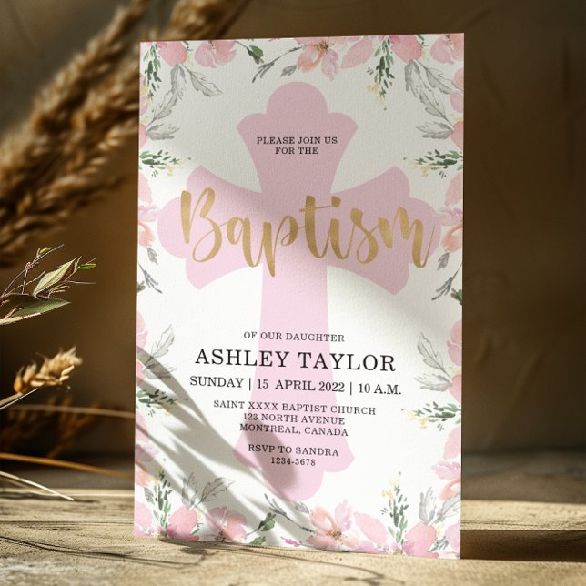 Pink Floral Gold Cross Baptism invitation (Creator Uploaded)