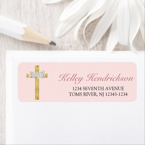 Pink Floral Gold Cross First Communion Address Label