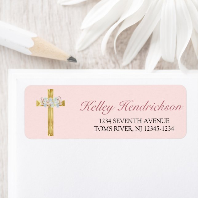 Pink Floral Gold Cross First Communion Address Label (Insitu)