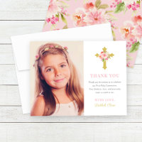 Pink Floral Gold Cross First Communion Girl Photo