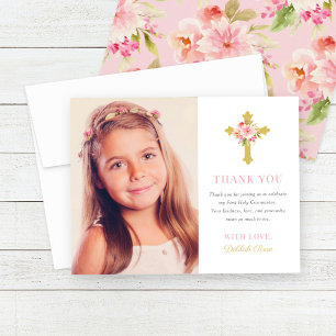 Pink Floral Gold Cross First Communion Girl Photo Thank You Card