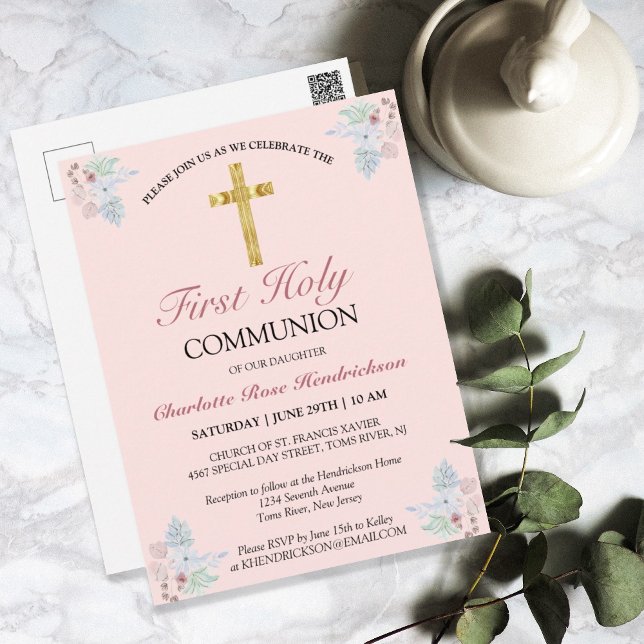 Pink Floral Gold Cross First Communion Invitation Postcard (Creator Uploaded)