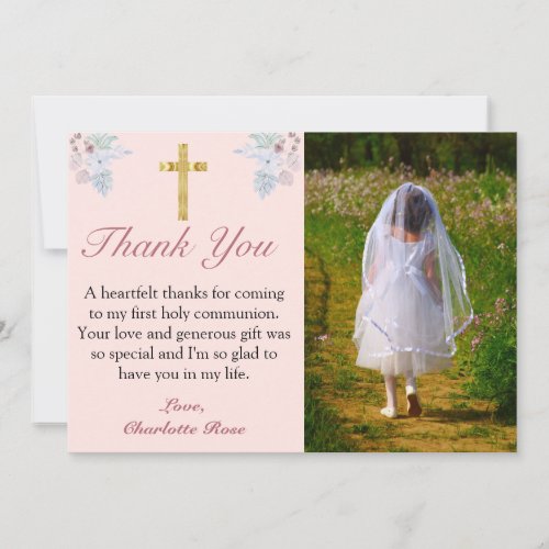 Pink Floral Gold Cross First Communion Thank You Card