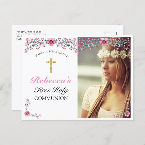 Pink Floral Gold Cross First Communion Thank You  Postcard