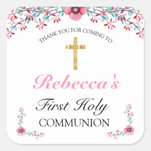 Pink Floral Gold Cross First Communion Thank You Square Sticker