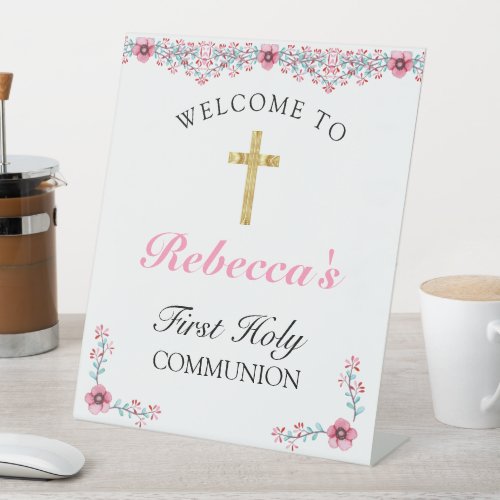 Pink Floral Gold Cross First Communion Welcome Pedestal Sign
