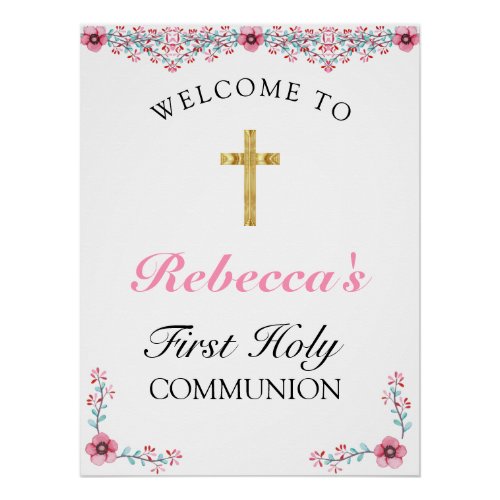 Pink Floral Gold Cross First Communion Welcome Poster
