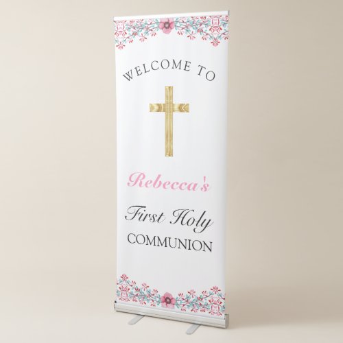 Pink Floral Gold Cross First Communion Welcome Retractable Banner