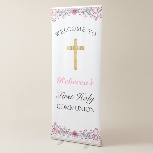 Pink Floral Gold Cross First Communion Welcome Retractable Banner (3/4)