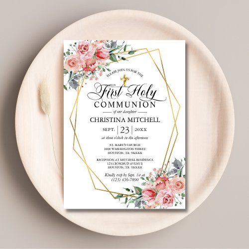 Pink Floral Gold Cross First Holy Communion Girl Invitation