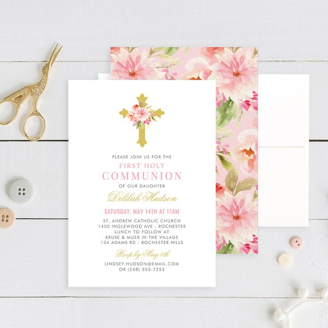 Pink Floral Gold Cross Girl First Communion Invitation (Creator Uploaded)