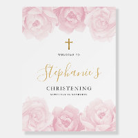 Pink Floral Gold Cross Girls Baptism Welcome Sign