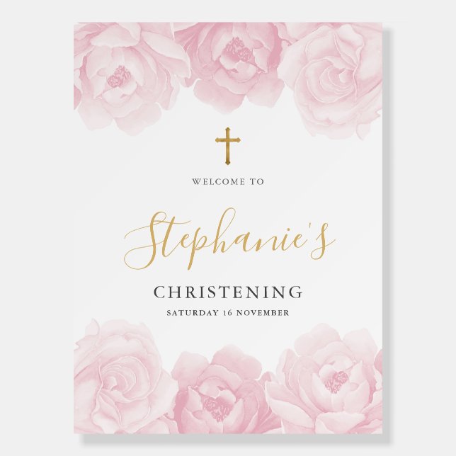 Pink Floral Gold Cross Girls Baptism Welcome Sign (Front)