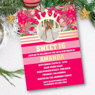 Pink Floral Gold Crown princess Sweet 16 Photo Foil Invitation