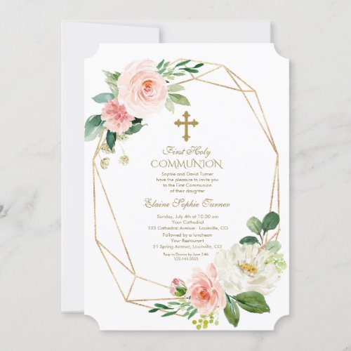 Pink Floral Gold Diamond First Holy Communion Invitation