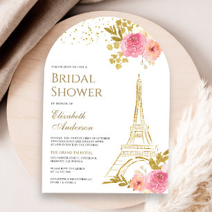 Pink Floral Gold Eiffel Tower Arch Bridal Shower Invitation