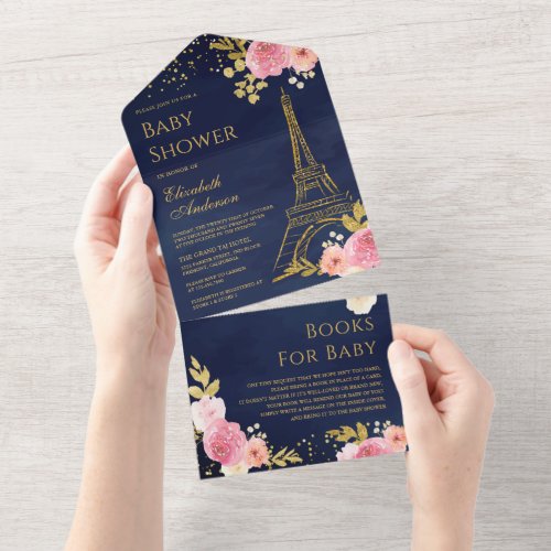Pink Floral Gold Eiffel Tower Navy Baby Shower All In One Invitation