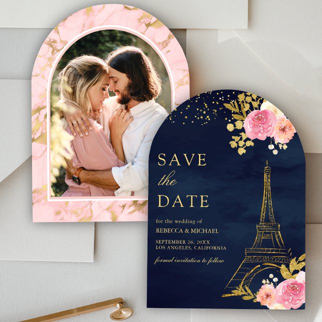 Pink Floral Gold Eiffel Tower Navy Photo Wedding Save The Date (Creator Uploaded)