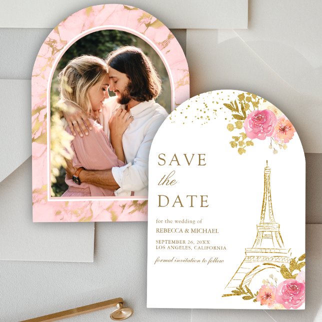 Pink Floral Gold Eiffel Tower Photo Wedding Save The Date (Creator Uploaded)