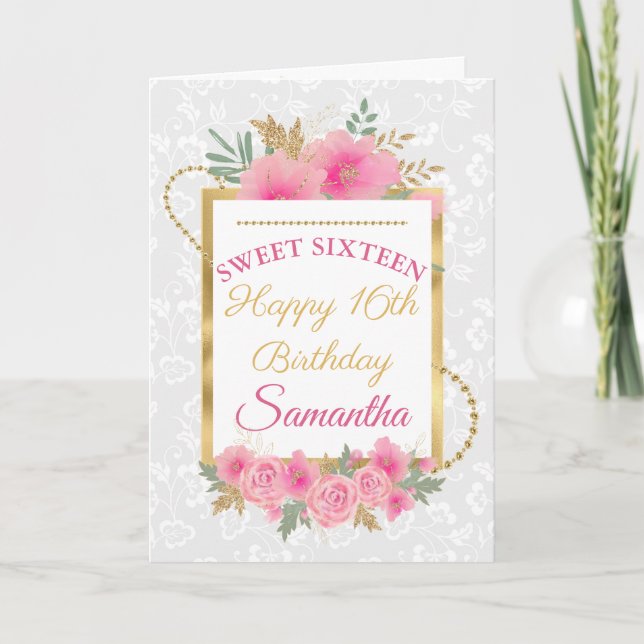 Pink Floral Gold Elegant Sweet Sixteen Card (Front)