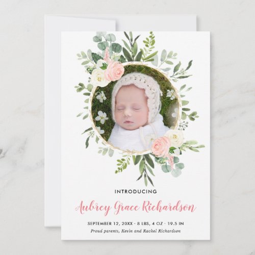 Pink floral gold eucalyptus baby girl announcement
