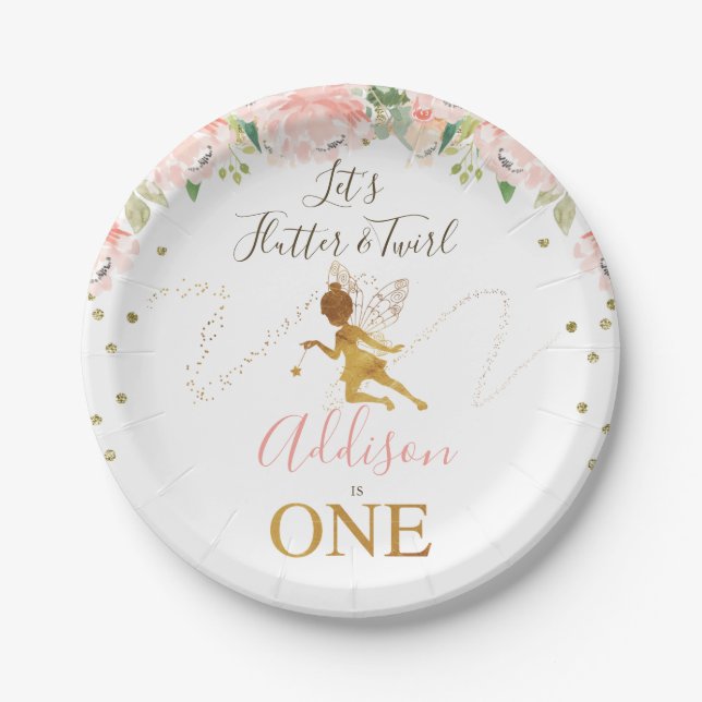 Pink Floral Gold Fairy Birthday Party  Paper Plates (Front)