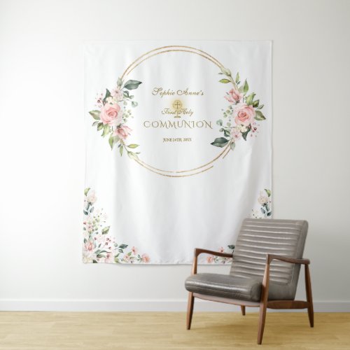 Pink Floral Gold First Holy Communion Photo Prop  Tapestry