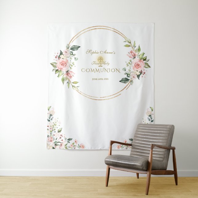 Pink Floral Gold First Holy Communion Photo Prop  Tapestry (In Situ)