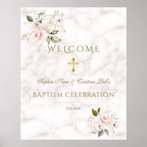 Pink Floral Gold Frame Baptism Welcome Sign