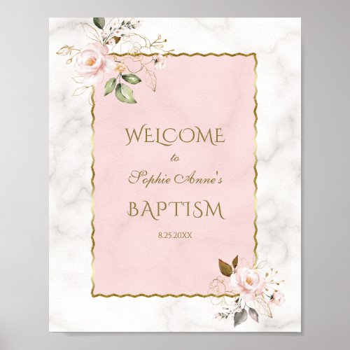 Pink Floral Gold Frame Baptism Welcome Sign