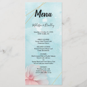 Pink floral gold frame blue water Wedding Menu