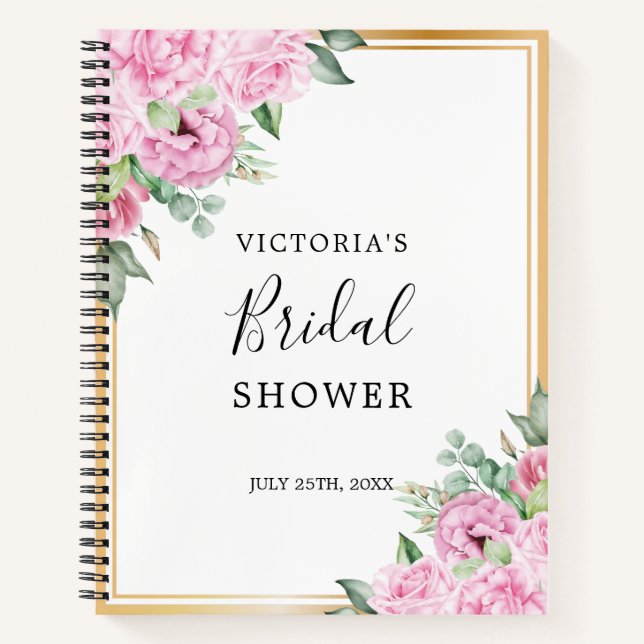 Pink Floral Gold Frame Bridal Shower Gift List Notebook (Front)