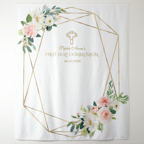 Pink Floral Gold Frame Holy Communion Backdrop