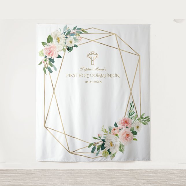 Pink Floral Gold Frame Holy Communion Backdrop (Front)