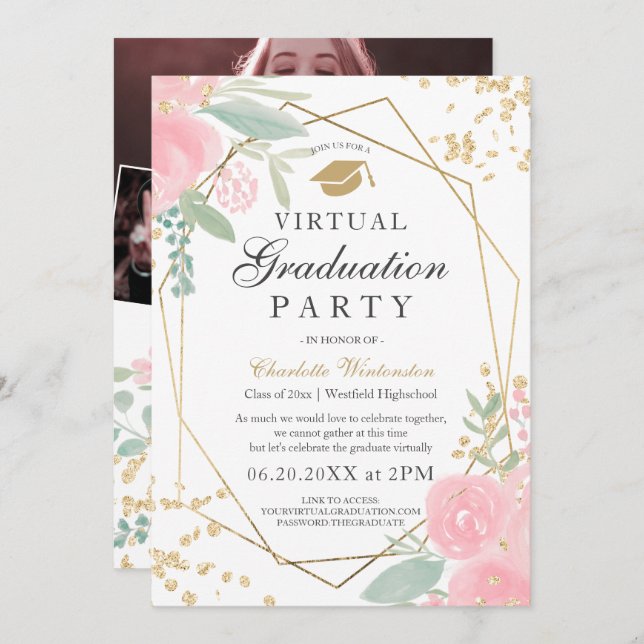 Pink floral gold frame photos virtual Graduation Invitation (Front/Back)