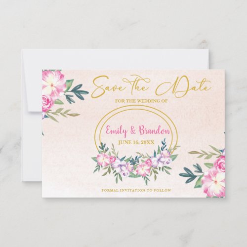 Pink Floral Gold Frame Wedding Save the Date