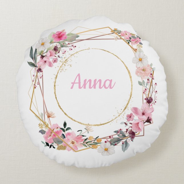 Pink Floral Gold Geometric Decorative Pillow (Back)