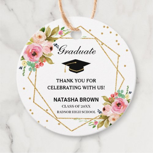 Pink Floral Gold Geometric Graduation Thank You  F Favor Tags