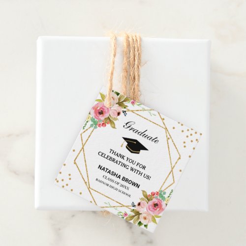 Pink Floral Gold Geometric Graduation Thank You  Favor Tags
